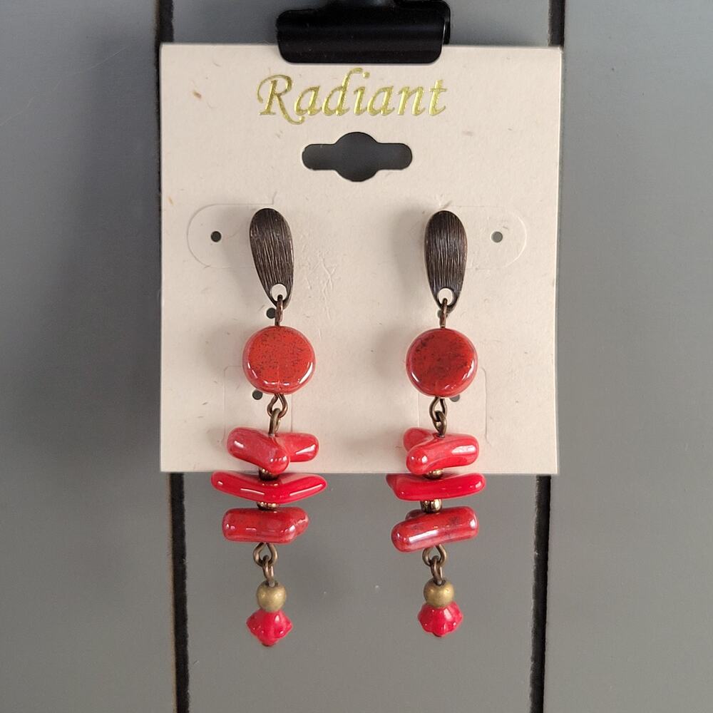 Radiant Red Beaded Dangle Earrings Bronze Tone Pierced Drop 2.17” Boho Style